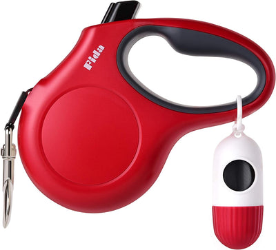 Fida 16 Ft Retractable Dog Leash with Poop Bag Dispenser - Perfect for Medium Dogs & Cats up to 44 Lbs, Anti-Slip Handle, Tangle-Free, Reflective Nylon Tape (Red)