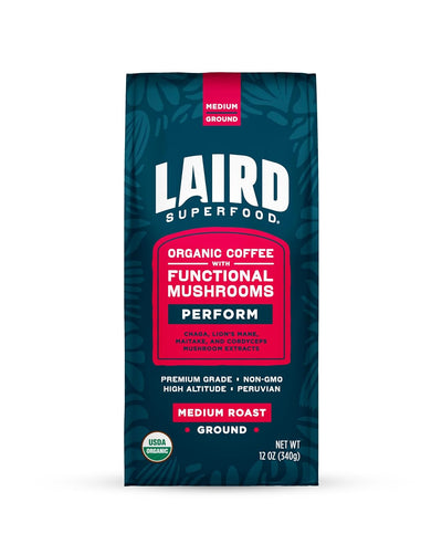 Laird Superfood Organic Peruvian Medium Roast Coffee with Functional Mushrooms - Gluten-Free, Dairy-Free, Non-GMO, Paleo & Keto Friendly - 12 oz Bag