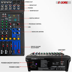 5Core Professional 12-Channel Audio DJ Mixer with 99 DSP Effects and 48V Phantom Power