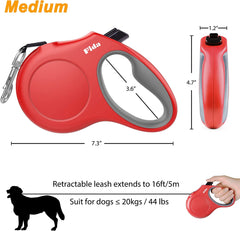 Fida 16 Ft Retractable Dog Leash with Poop Bag Dispenser - Perfect for Medium Dogs & Cats up to 44 Lbs, Anti-Slip Handle, Tangle-Free, Reflective Nylon Tape (Red)