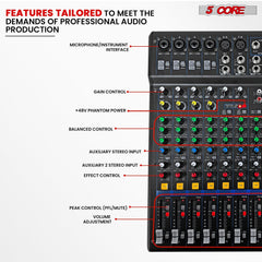 5Core Professional 12-Channel Audio DJ Mixer with 99 DSP Effects and 48V Phantom Power