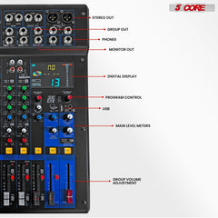 5Core Professional 12-Channel Audio DJ Mixer with 99 DSP Effects and 48V Phantom Power